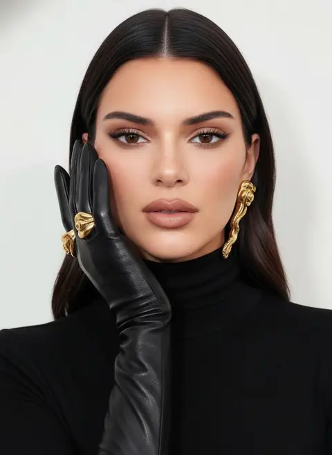 Гиперреалистичная fashion фотосессия крупным планом с чёрным гольфом и золотыми украшениями – промт для нейросети по фото