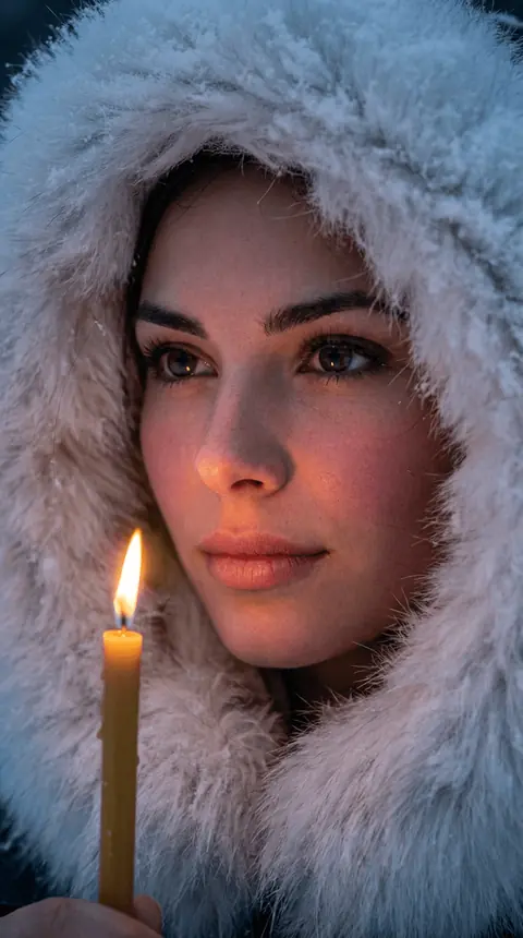 Промт для фотосессии через ИИ: зимняя фотосессия девушки в белом пушистом капюшоне с церковной свечой и контрастом тёплого и холодного света