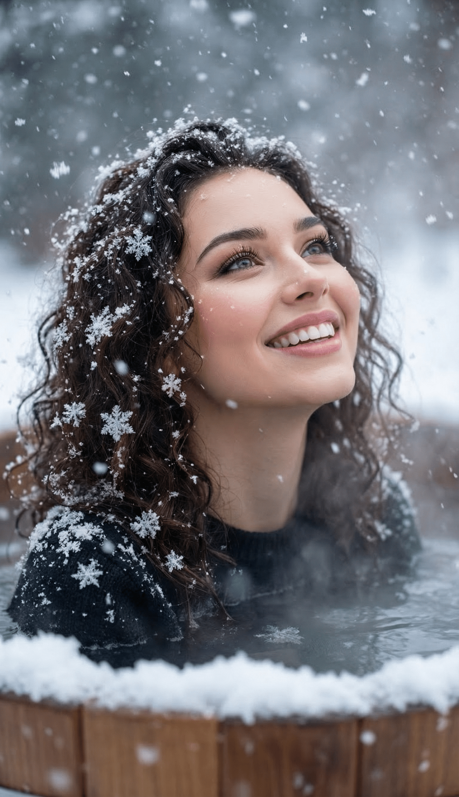 Промт для фотосессии через ИИ: зимняя сказочная фотосессия девушки в купели под сильным снегопадом с идеальными снежинками на лице