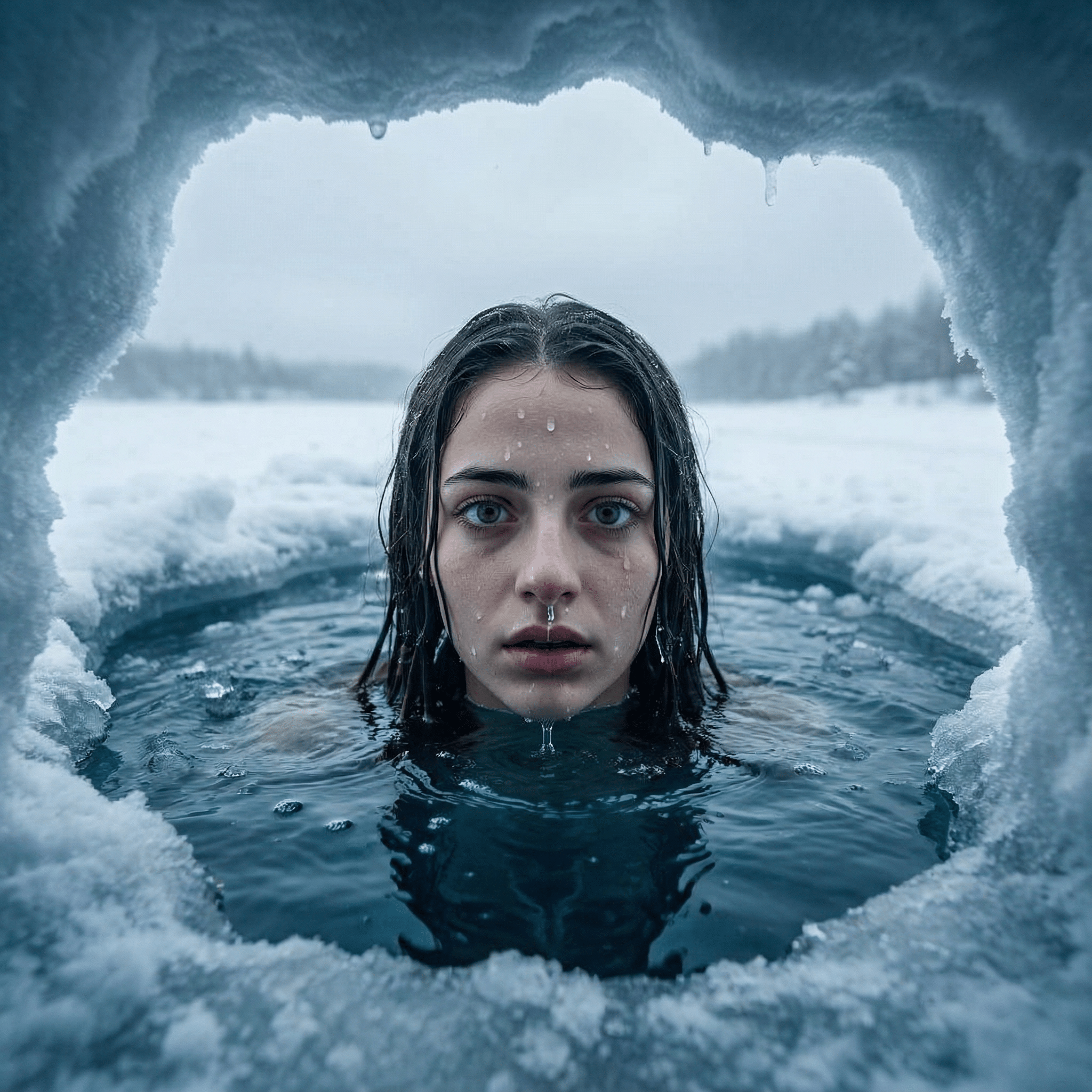 Промт для фотосессии через ИИ: кинематографическая зимняя фотосессия от первого лица из проруби с всплывающей девушкой в ультрареализме