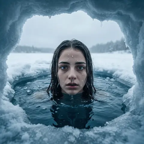 Промт для фотосессии через ИИ: кинематографическая зимняя фотосессия от первого лица из проруби с всплывающей девушкой в ультрареализме