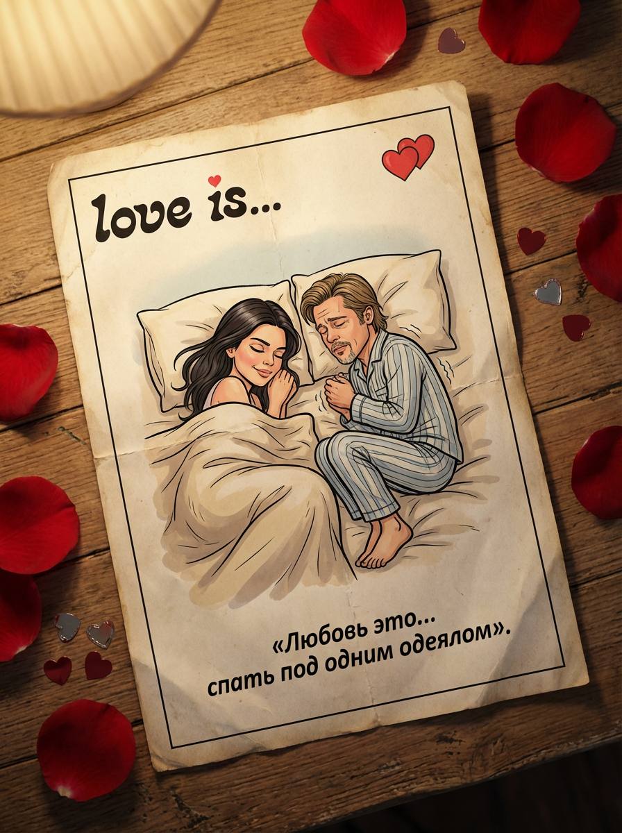 Промт для фотосессии через ИИ: винтажный вкладыш «Love is» с нашей парой на столе в стиле 90‑х ко Дню святого Валентина