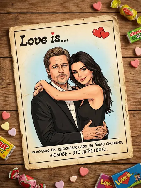 Промт для фотосессии через ИИ: винтажный вкладыш «Love is» с нашей парой в объятиях на деревянном столе с сердечками и сладостями