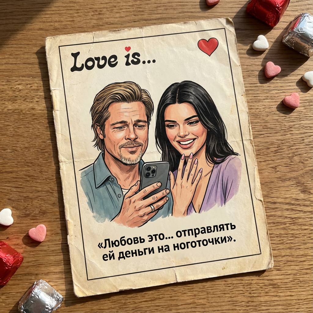 Промт для фотосессии через ИИ: винтажный вкладыш «Love is» с нашей парой и надписью про деньги на ноготочки на столе ко Дню святого Валентина