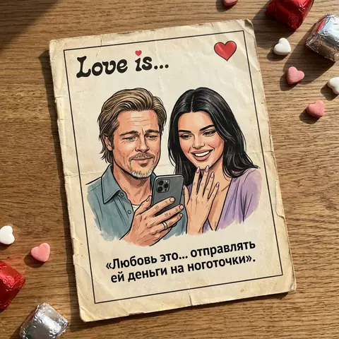 Промт для фотосессии через ИИ: винтажный вкладыш «Love is» с нашей парой и надписью про деньги на ноготочки на столе ко Дню святого Валентина