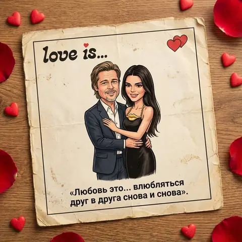 Промт для фотосессии через ИИ: винтажный вкладыш «Love is» с нашей парой в классической объятой позе на столе ко Дню святого Валентина