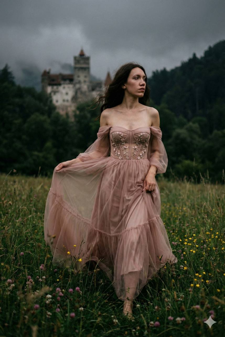 Промт для фотосессии через ИИ: кинематографичная фотосессия девушки в пыльно‑розовом платье в диком лугу с замком в тумане