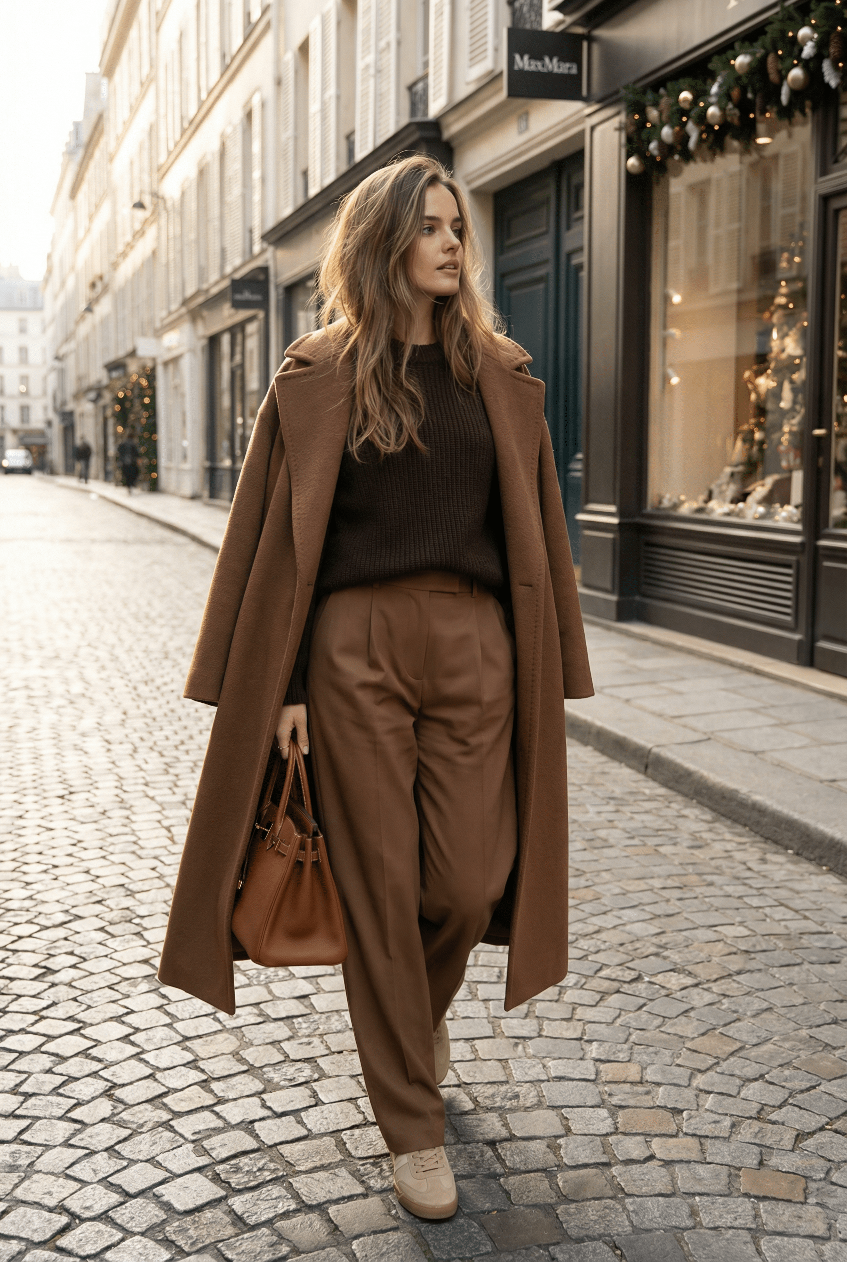 Промт женской уличной парижской фотосессии в коричневом пальто max mara с сумкой birkin через ИИ
