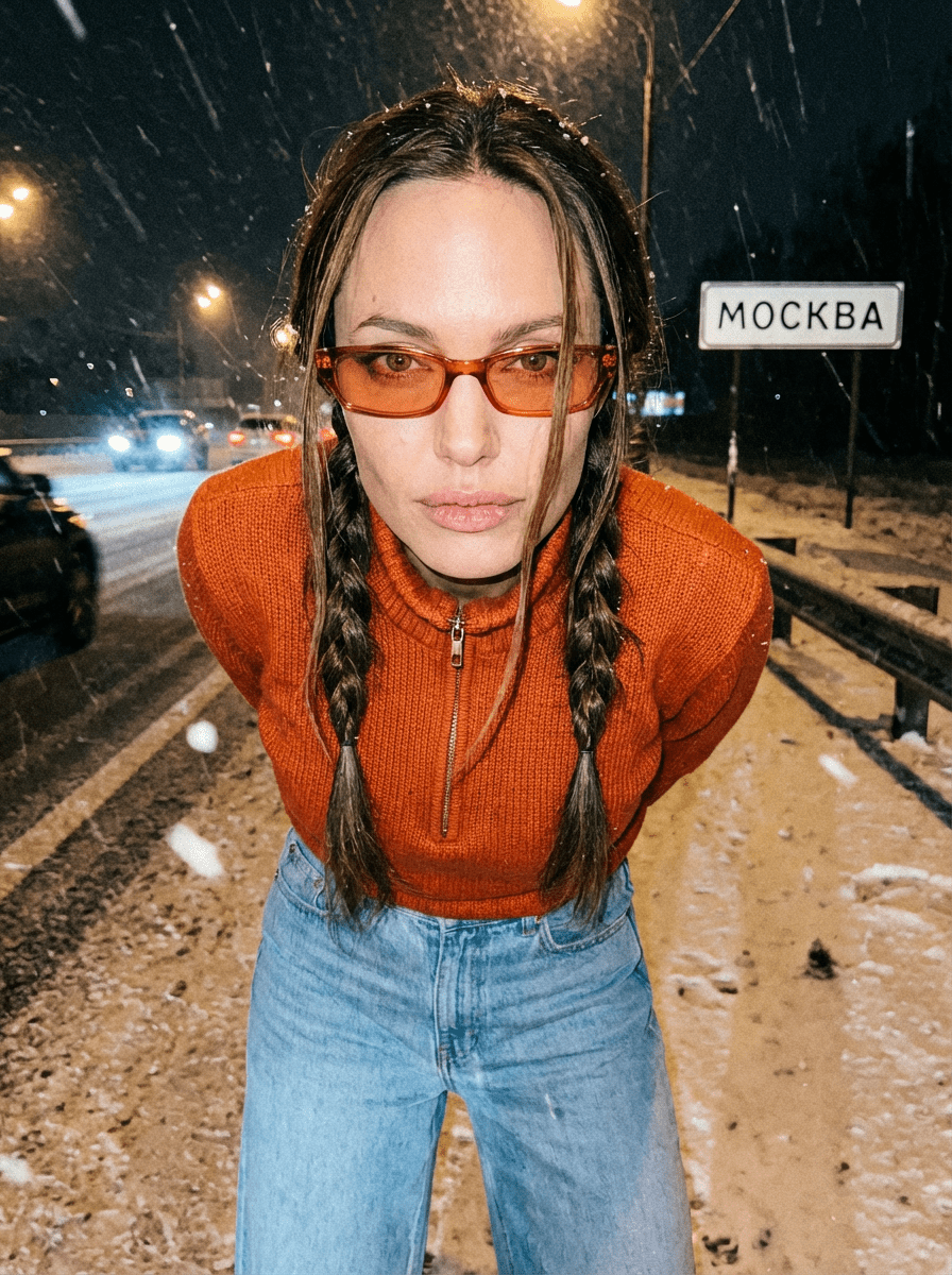 Кинематографичный промт зимней ночной фотосессии у таблички Москва на шоссе со вспышкой через ИИ