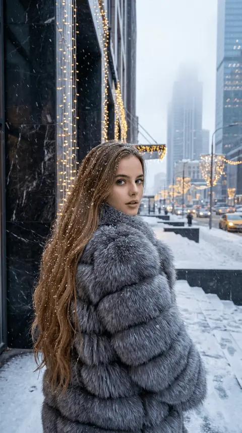 Промт зимней кинематографичной фотосессии девушки в серой шубе у мраморного здания с гирляндами через ИИ