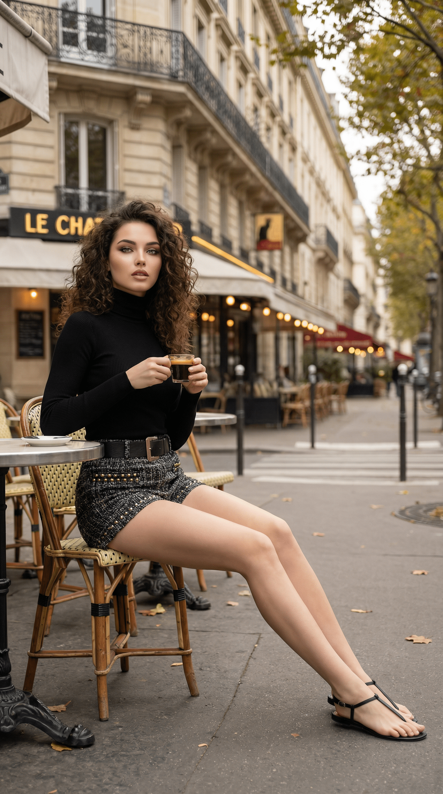 Промт уличной парижской fashion‑фотосессии в чёрной водолазке и твидовых шортах с кофе в кафе через ИИ