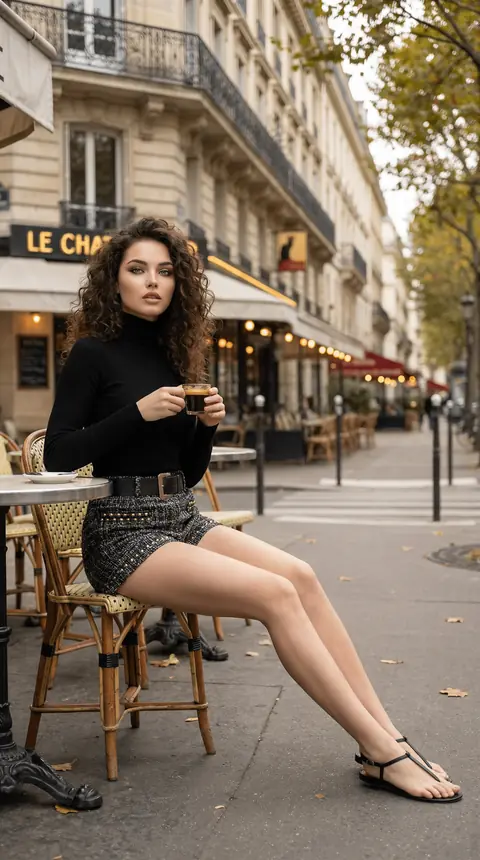 Промт уличной парижской fashion‑фотосессии в чёрной водолазке и твидовых шортах с кофе в кафе через ИИ