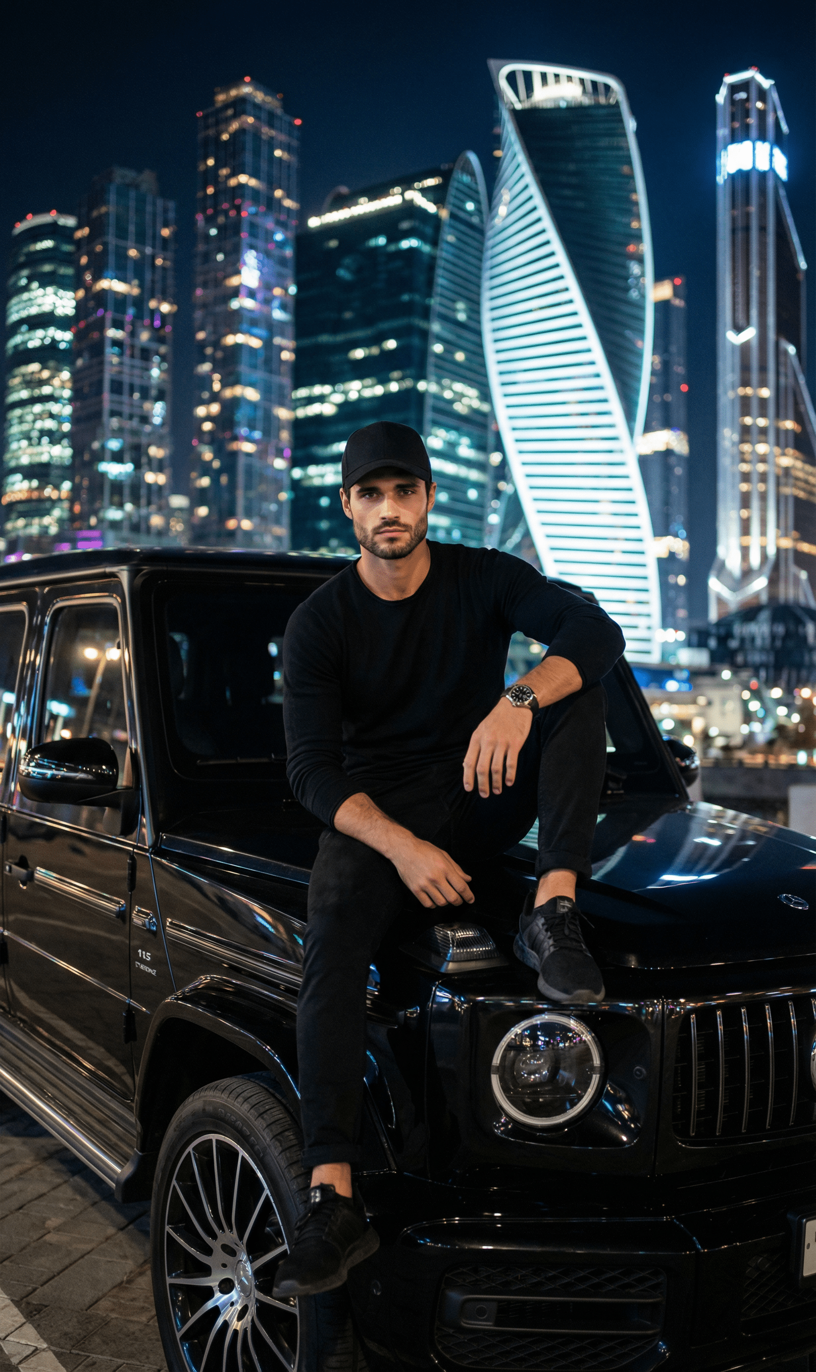 Промт мужской ночной фотосессии на капоте чёрного Mercedes G‑класса в огнях города через ИИ