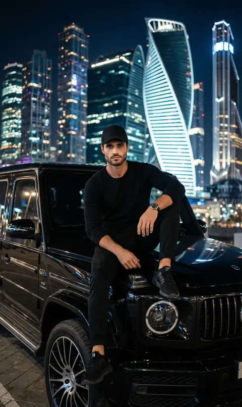 Промт мужской ночной фотосессии на капоте чёрного Mercedes G‑класса в огнях города через ИИ