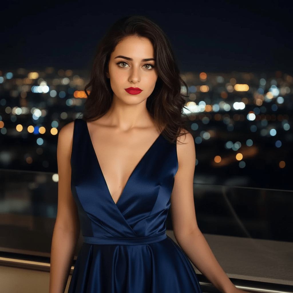 Промт вечерней кинематографичной фотосессии девушки на террасе в тёмно‑синем атласном платье с огнями ночного города через ИИ