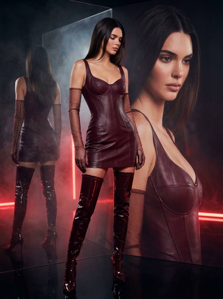 Ультрареалистичная fashion фотосессия элегантной женщины в бордовом кожаном корсетном платье с двойным отражением промт для нейросети ии
