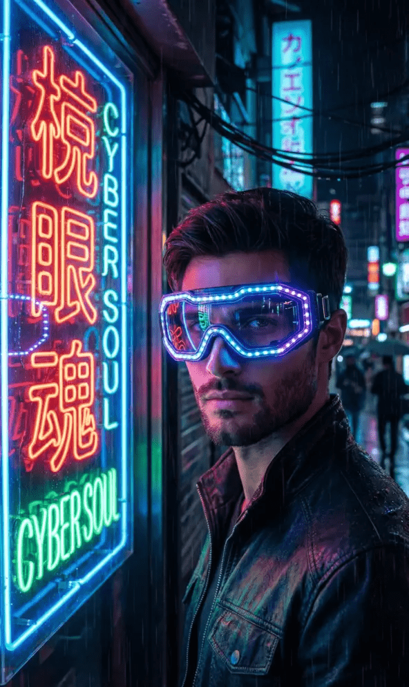 Промт для фотосессии: мужчина в киберпанк-костюме 1:1 с неоновой вывеской, ультрареалистично