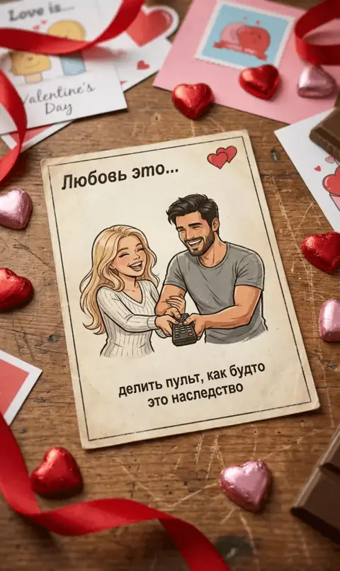Винтажный вкладыш Love is по фото пары с пультом промт для нейросети