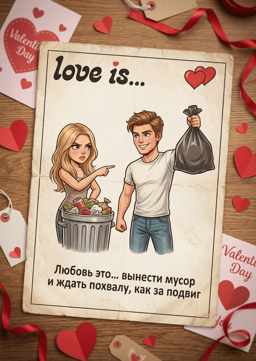 Винтажный вкладыш Love is по фото пары про мусор и похвалу промт для нейросети