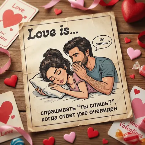 Винтажный вкладыш Love is по фото пары про «ты спишь?» промт для нейросети ​