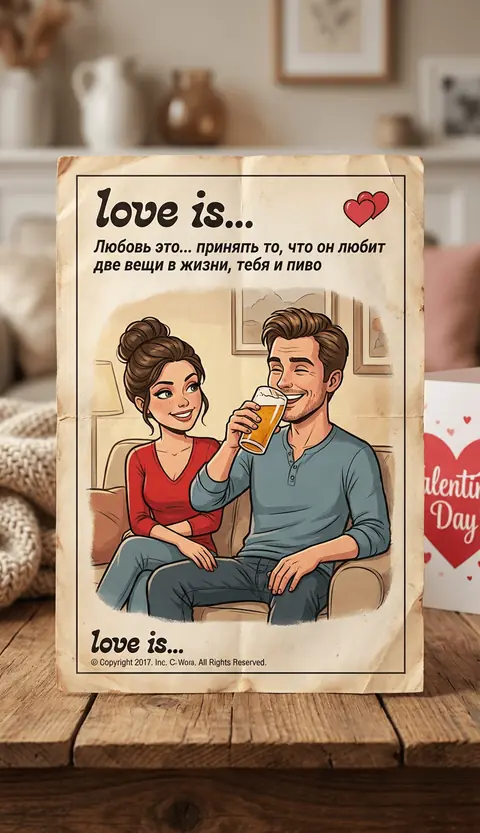 Винтажный вкладыш Love is по фото пары про пиво и любовь промт для нейросети ​