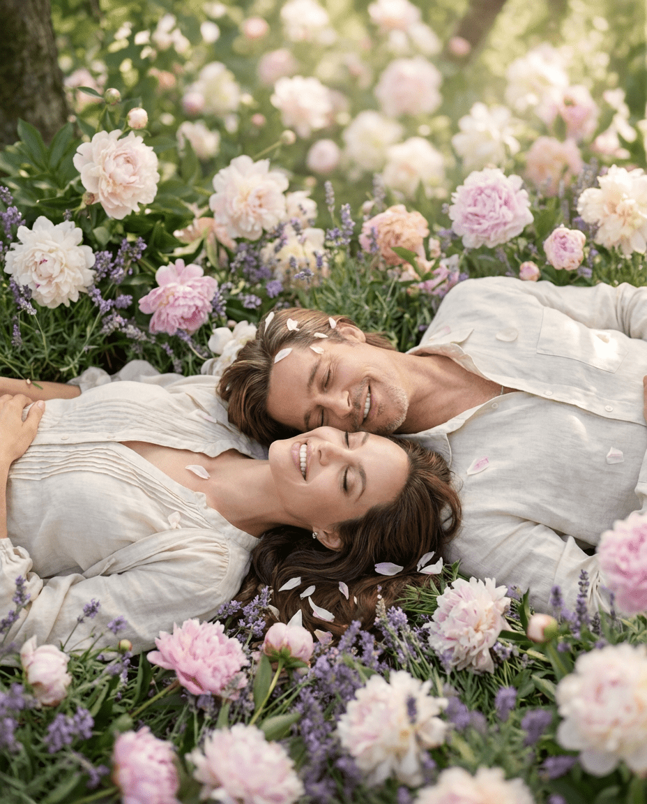 Промт для нежной импрессионистской фотосессии пары в цветущем саду с пионами и лавандой сверху