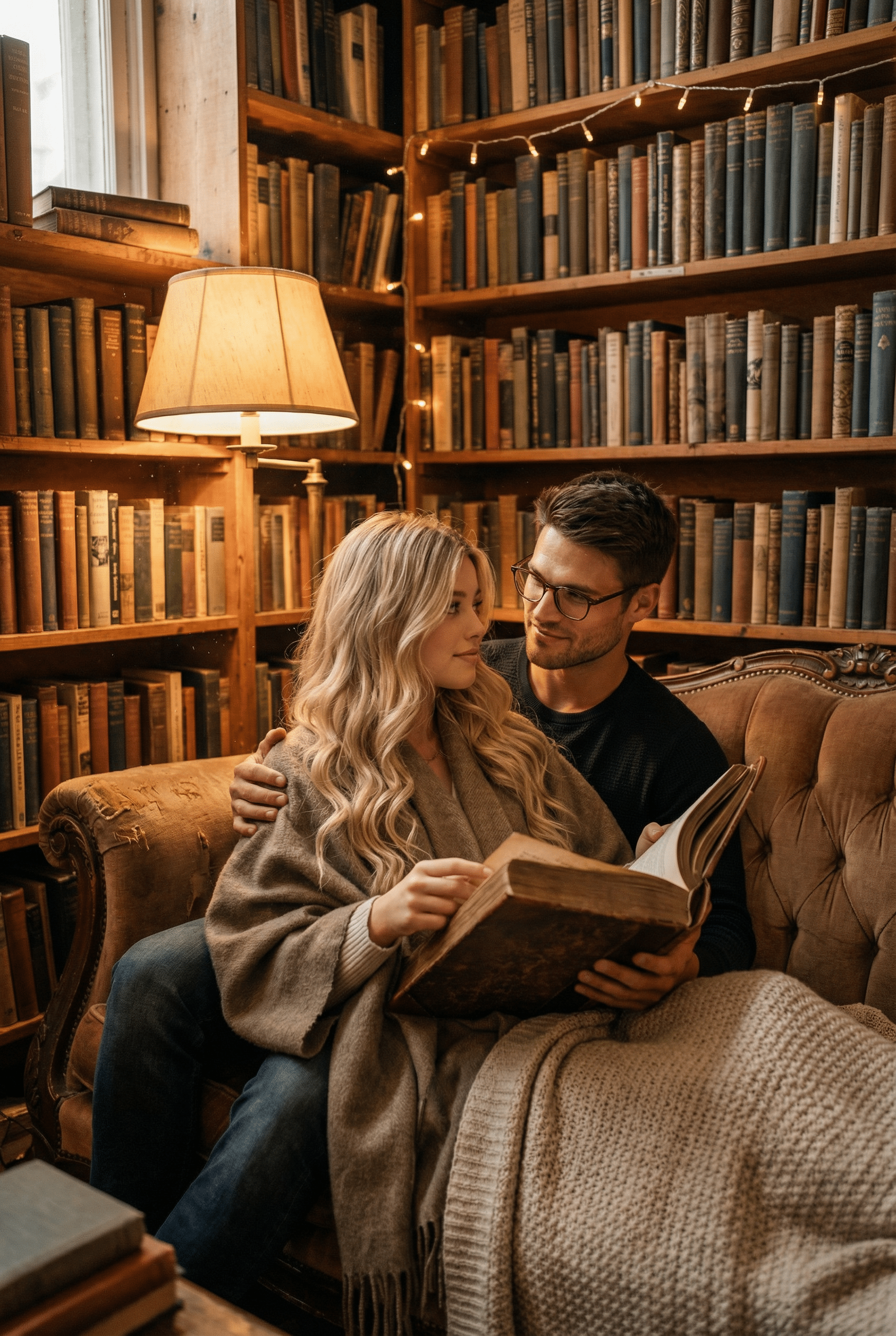 Промт для фотосессии: уютная пара читает книгу на винтажном диване в маленьком книжном магазине