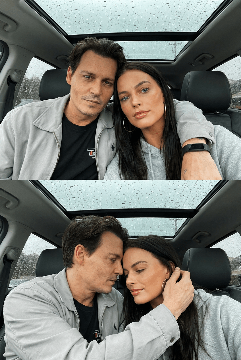 Промт: пара в машине под дождем уютно обнимается коллаж фотосессия