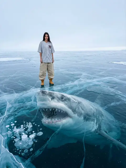 Гиперреалистичная зимняя фотосессия на льду с гигантской замёрзшей акулой "Мегалодон" подо льдом промт для нейросети ИИ