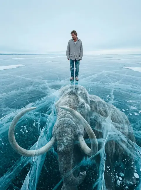 Гиперреалистичная зимняя фотосессия на льду с гигантским замёрзшим мамонтом подо льдом промт для нейросети ИИ