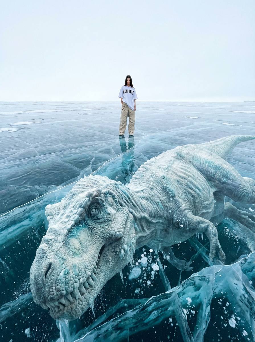 Зимняя фотосессия на льду с гигантским замёрзшим динозавром подо льдом промт для нейросети ИИ ​