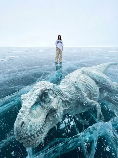 Зимняя фотосессия на льду с гигантским замёрзшим динозавром подо льдом промт для нейросети ИИ ​