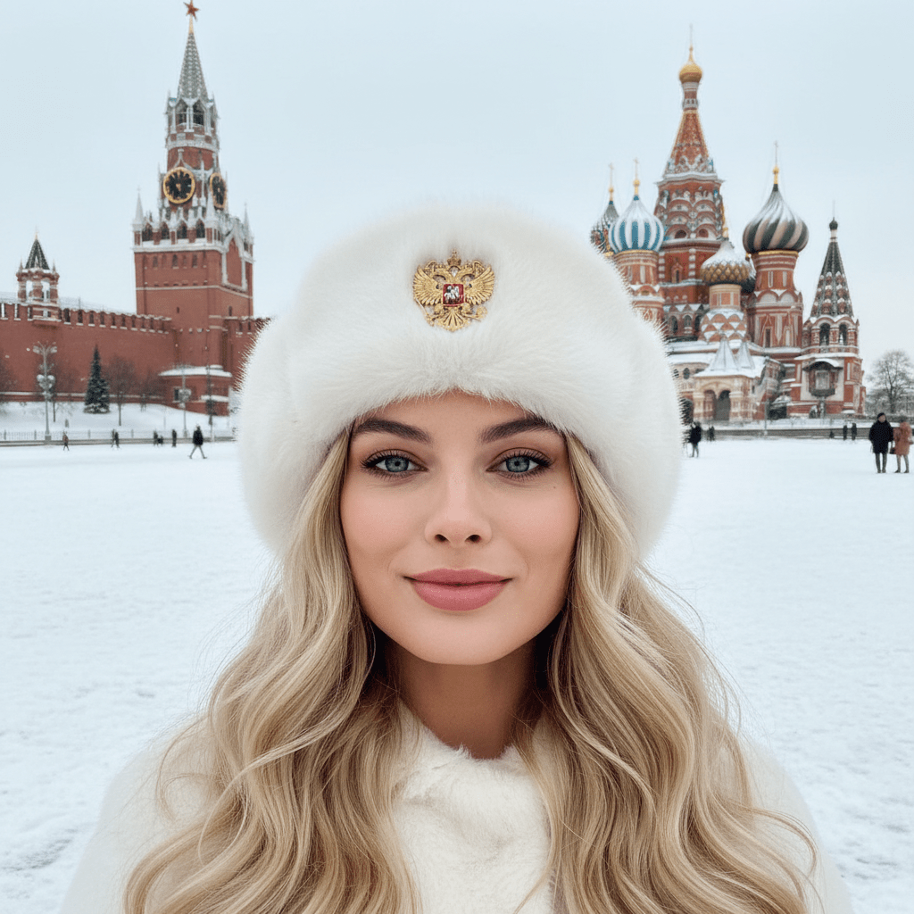 Промт для ИИ селфи девушки на Красной площади зимой в ушанке через нейросеть