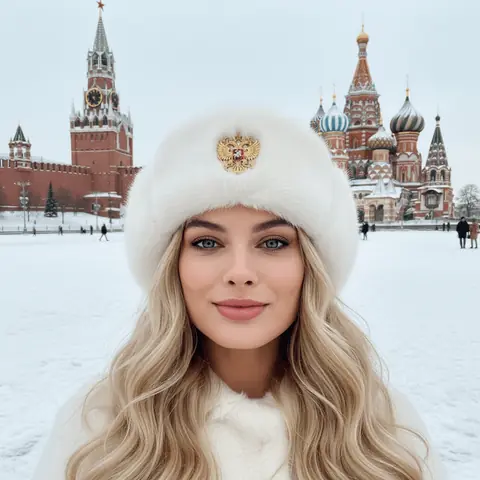 Промт для ИИ селфи девушки на Красной площади зимой в ушанке через нейросеть