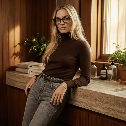 Промт кинематографическая fashion фотосессия девушки в деревянном интерьере у стойки в тёплом свете