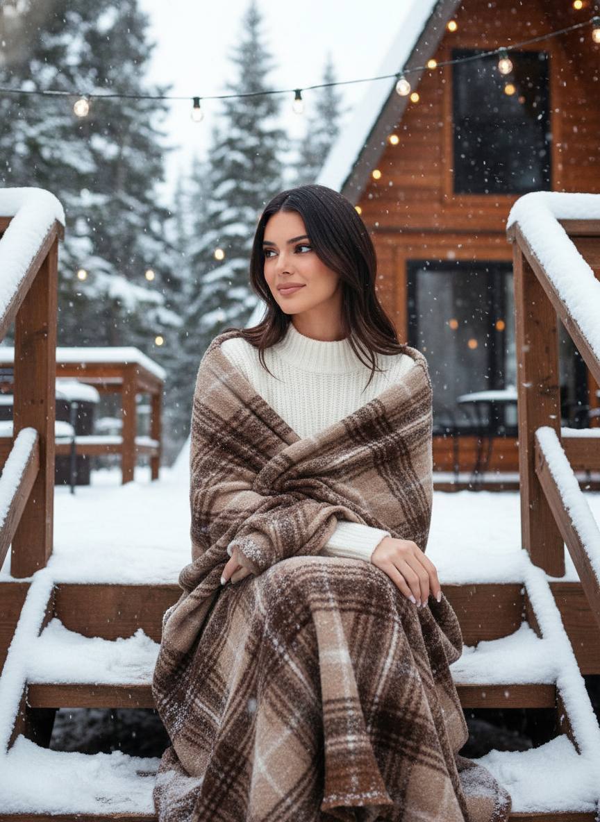 Зимняя фотосессия на ступеньках у домика A-frame с пледом — промт для ультрареалистичного фото через ИИ