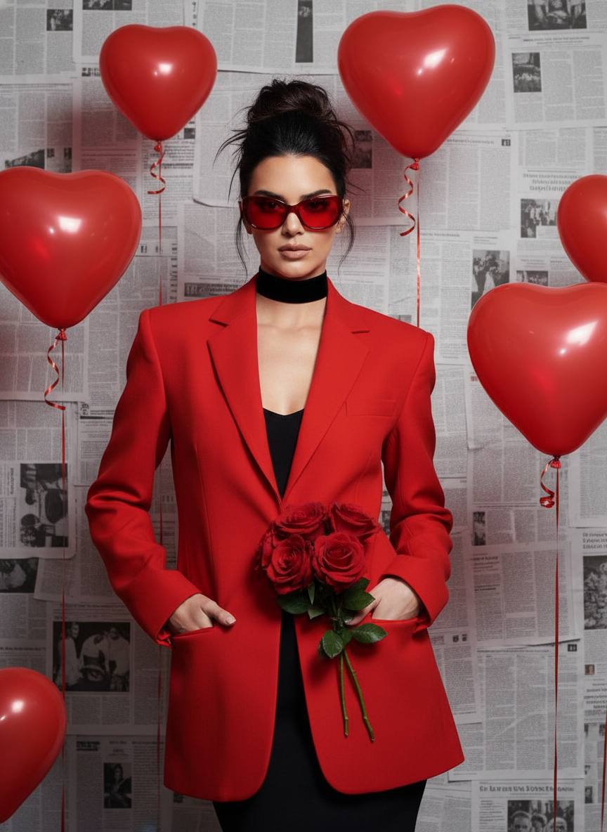 Романтический промт красной fashion фотосессии с шариками‑сердцами и улыбкой через нейросеть ИИ