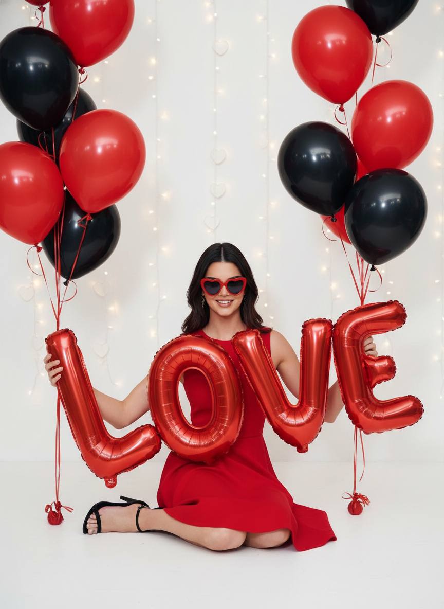 Промт эдиториальной фотосессии LOVE с шарами и гирляндами сердец ко Дню святого Валентина через ИИ