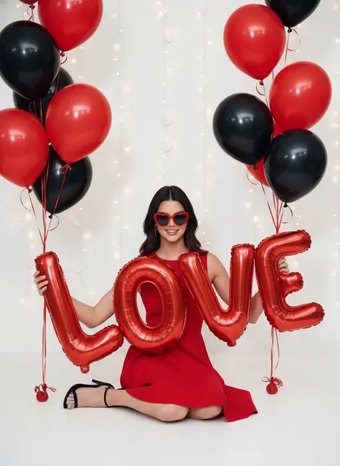 Промт эдиториальной фотосессии LOVE с шарами и гирляндами сердец ко Дню святого Валентина через ИИ