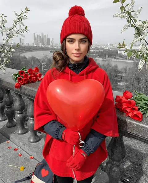 Промт для ИИ фотосессии: девушка в красном пончо с шаром‑сердцем на Воробьёвых горах, акцент на красном цвете и любви