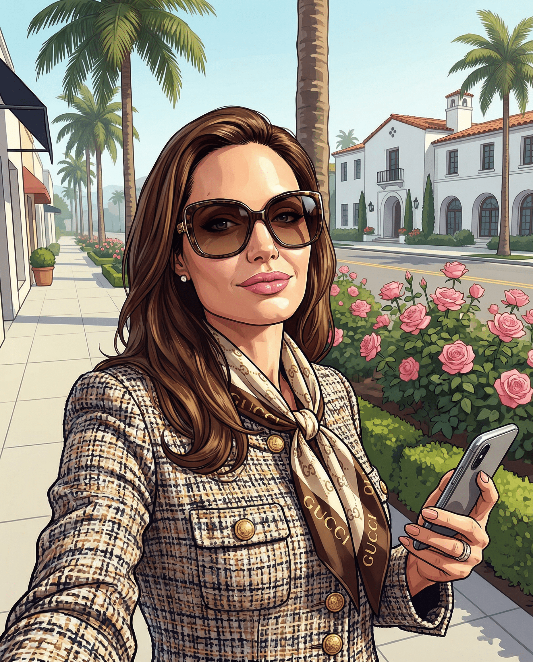 Богатая фотосессия девушки в Vinewood у бутика в стиле GTA V промт для нейросети