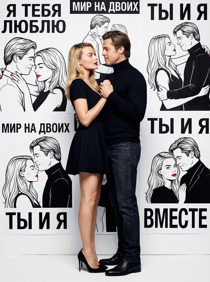 Промт фотосессии пары ко Дню влюблённых: живые влюблённые на фоне чёрно‑белых постеров с признаниями в любви