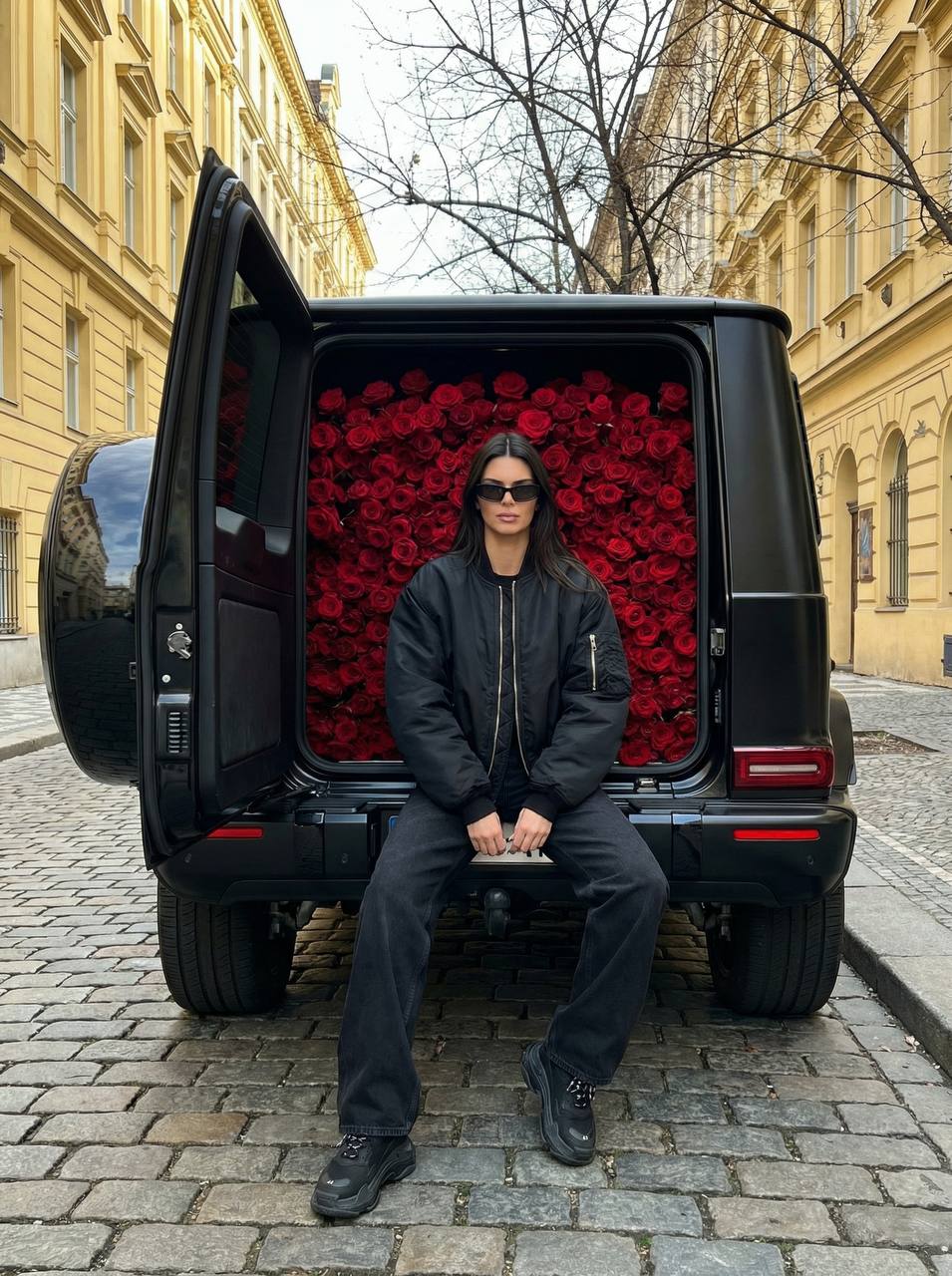 Фотосессия промт с чёрным G‑Class и багажником, забитым красными розами, на европейской улице в дневном свете