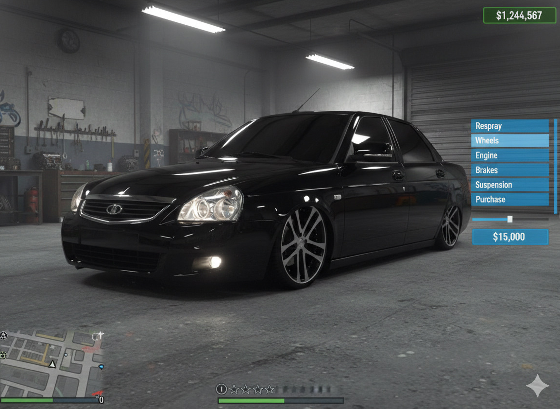 Промт для генерации скриншота машины в гараже Los Santos Customs в стиле геймплея GTA V через нейросеть ИИ