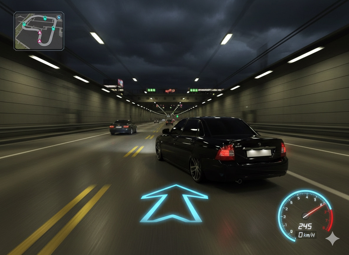 Промт для генерации ночной аркадной гоночной сцены в туннеле в стиле Need for Speed Underground 2 через нейросеть ИИ
