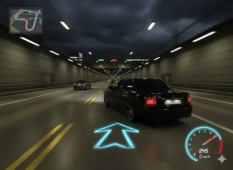 Промт для генерации ночной аркадной гоночной сцены в туннеле в стиле Need for Speed Underground 2 через нейросеть ИИ