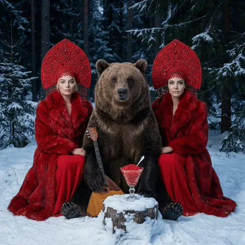 Ультрареалистичная зимняя фотосессия двух подруг с медведем в сказочном хвойном лесу — промт для нейросети ИИ с identity lock