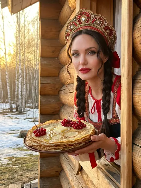 Масленичная фотосессия русской красавицы с блинами в окне деревенского дома — промт для нейросети ИИ с сохранением лица с фото