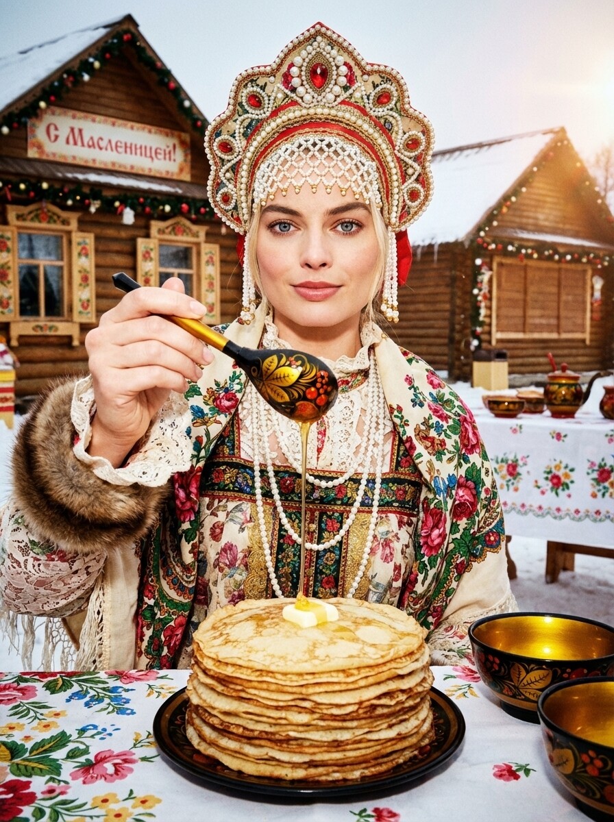 Фотореалистичная масленичная фотосессия с медом, блинами и хохломой — промт для нейросети ИИ с сохранением лица с фото