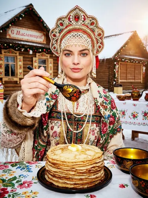 Фотореалистичная масленичная фотосессия с медом, блинами и хохломой — промт для нейросети ИИ с сохранением лица с фото